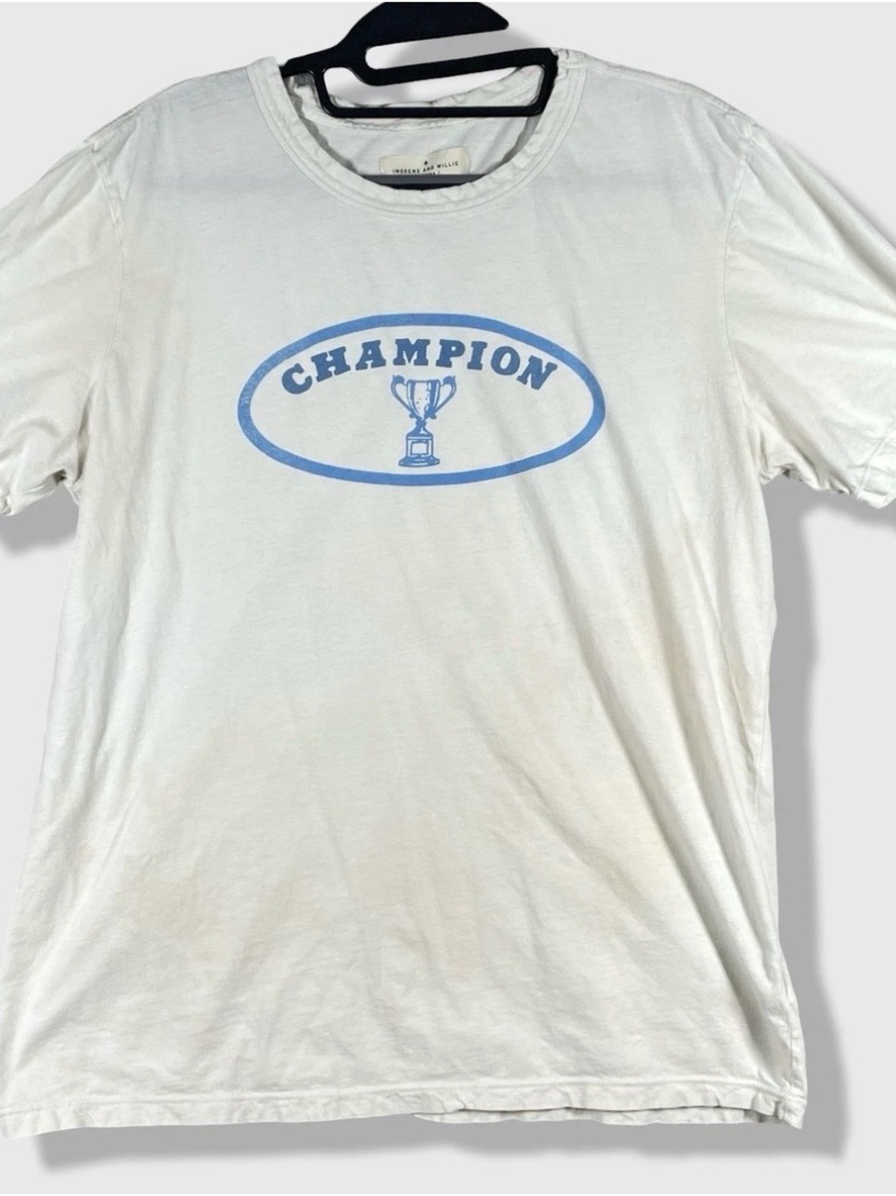 THE GREAT. White Short Sleeve Tee with Light Blue Champion Graphic. XL